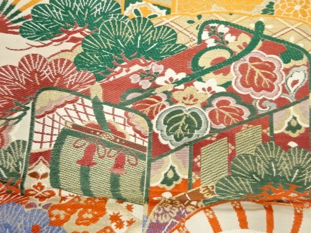  アンティーク　扇に御所車・屋敷風景模様織り出し丸帯（着用可）